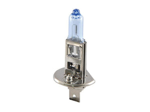 A single Lightbooster Blue50 Halogen Headlight Bulb by Sparex, featuring a metal base and clear, cylindrical glass top, available in a twin pack with the part number S.164858 (H1, 12V, 55W).