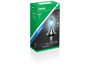 A green and white box labeled "Lightbooster SportXR Head Light (Halogen), Twin Pack, H7" by Sparex and containing two 12V 100W power upgrade halogen head light bulbs is displayed. The packaging highlights increased brightness and performance.