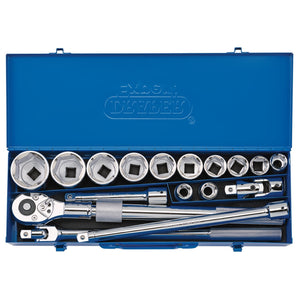 The Draper Metric Socket Set In Metal Case, 3/4" Sq. Dr. (17 Piece) - MC17M/B is a blue toolbox that includes a set of chrome vanadium steel ratchets, six-point sockets, and extensions, all neatly organized in an efficient layout.