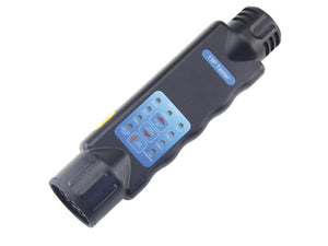 The 13 Pin Trailer Board Socket/Plug Tester, 12V (Sparex Part Number: S.164872), is a black, handheld device with a blue label detailing connection indicators and buttons. This tester meets ISO Rating 1724 standards and is brought to you by Sparex.