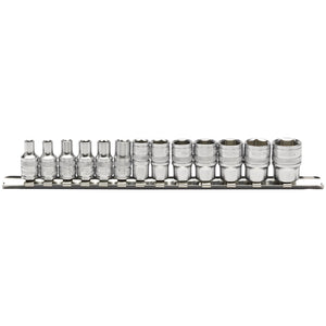 A set of thirteen chrome vanadium steel socket wrenches, the Draper Metric Socket Set On A Metal Rail, 1/4" Sq. Dr. (13 Piece) - B13M/SR, secured on a metal socket rail.