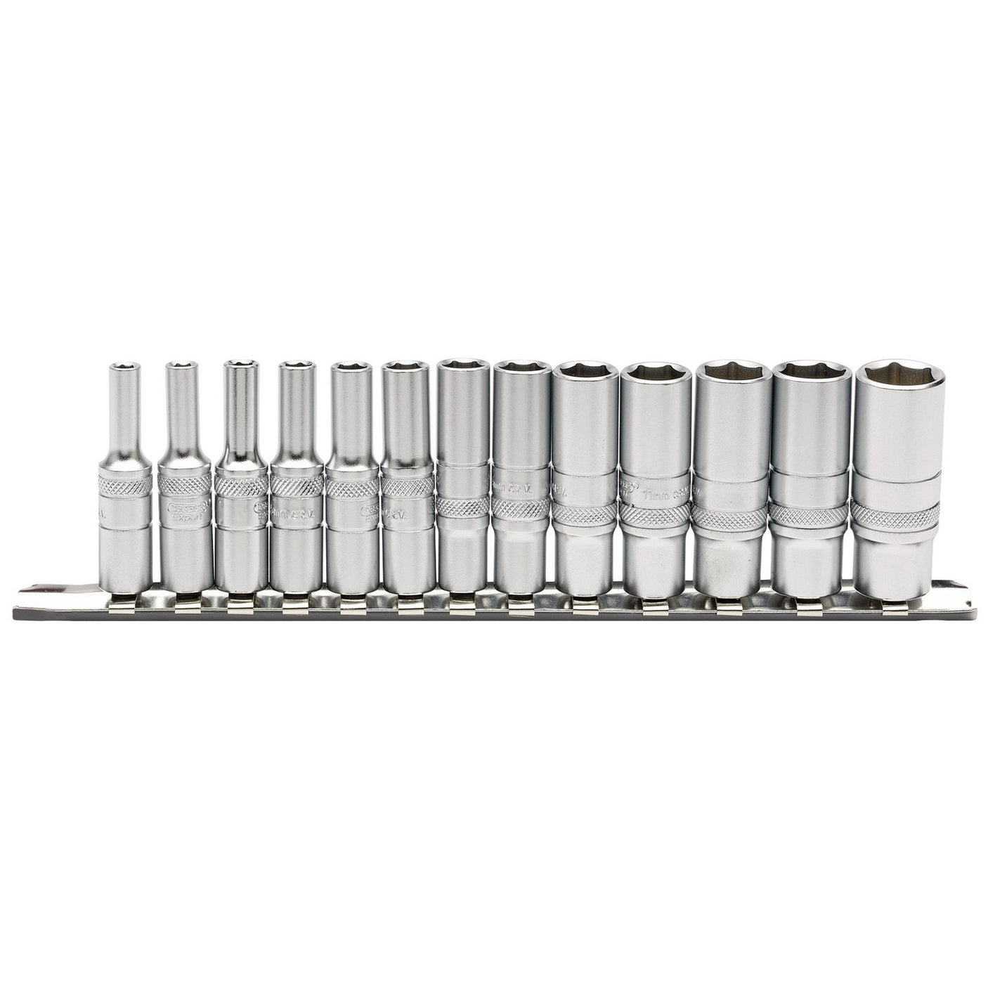 A thirteen-piece Draper Deep Metric Socket Set, crafted from chrome vanadium steel and neatly arranged on a metal rail. Some of the sockets feature a knurled ring for enhanced grip.