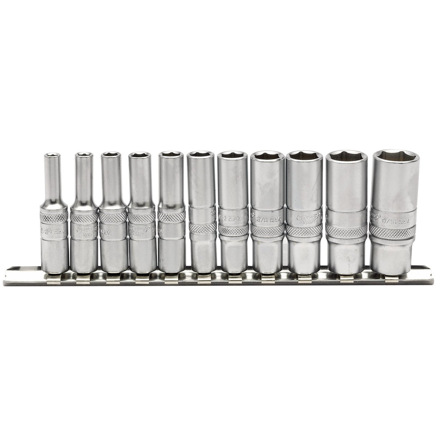 A set of eleven Draper Imperial Deep Sockets made from chrome vanadium steel, compliant with DIN3122 and ISO3315 specifications, is arranged on a metal rail holder.