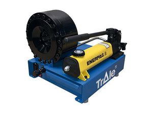 The Dicsa Trale Manually Operated Hydraulic Hose Assembly Machine PM16-8J by Sparex, part number S.164922, features a black crimping head, a yellow Enerpac pump, and a blue base labeled "Dicsa Trale." It is specifically designed for high-pressure hose assembly tasks with impressive hose capacity and crimping force.