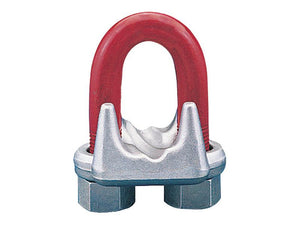 The Sparex Wire Rope Clip G450 - Ø5mm (4 pcs.), model S.164930, is a galvanized steel clip equipped with a red painted U-bolt and dual hex nuts, making it ideal for securing wire rope ends. This product guarantees durability and reliability for industrial applications.