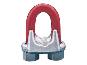 A metallic U-bolt with a red coating and two hexagonal nuts, specifically the Sparex Wire Rope Clip G450 - Ø8mm (4 pcs.) | Sparex Part Number: S.164932, is shown. The U-shaped part fits into a saddle to secure cable or wire. This Crosby industrial component offers durability and reliability in heavy-duty applications.