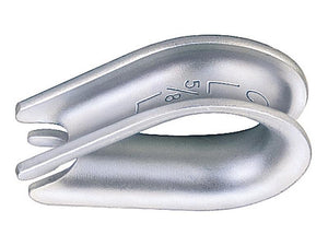 A Sparex Wire Rope Thimble G411 with a diameter of 11-13mm, comes in a pack of 4. This silver metal thimble features a distinctive curved, looped shape and has "1/8 5/16" measurements engraved on its surface, showcasing a unique Crosby design ideal for precision work.