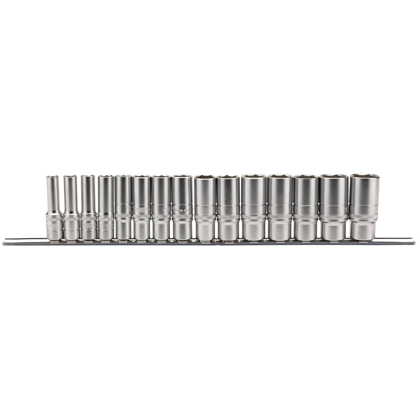 Draper Metric Deep Socket Set On A Metal Rail, 3/8" Sq. Dr. (15 Piece) - D15MD/SR - Farming Parts