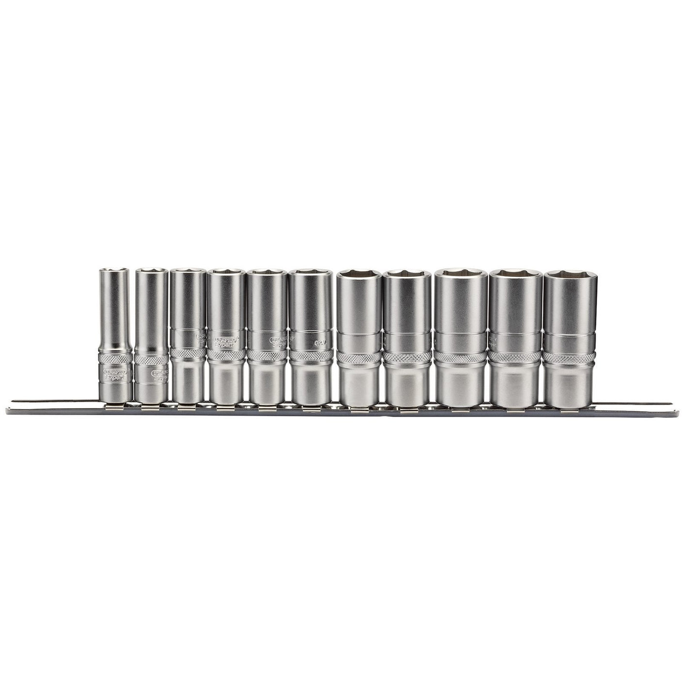 The Draper Imperial Deep Socket Set on a Metal Rail (3/8" Sq. Dr., 11 Piece - D11AD/SR) features eleven durable 6-point socket wrenches made from chrome vanadium steel, all neatly aligned on a storage rail.