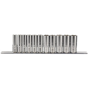 The Draper Imperial Deep Socket Set on a Metal Rail (3/8" Sq. Dr., 11 Piece - D11AD/SR) features eleven durable 6-point socket wrenches made from chrome vanadium steel, all neatly aligned on a storage rail.