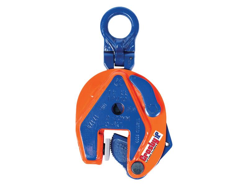 A Sparex heavy-duty blue and orange Crosby lifting clamp, featuring a pivoting hook and toothed gripping mechanism for vertical lifting, identified by Part Number S.164987, with a Safe Working Load rating.