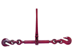 A red Lebus® Load Binder - L140 R7 from Sparex with a central handle and hook attachments on both ends, used for securing cargo. It has a chain diameter of 8-10mm and a safe working load of 4 tons. Usage code: Sparex Part Number S.165000.