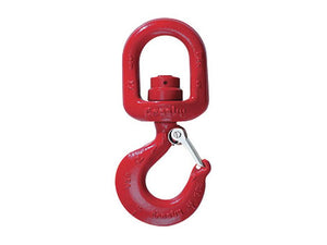 The Swivel Hook with Bearing L3322B (Sparex Part Number: S.165007) is a red metal swivel hook with a safety latch mechanism designed for lifting applications, featuring a safe working load of 2 tons.