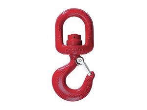 The Sparex Swivel Hook with Bearing L3322B (Sparex Part Number: S.165008) is a heavy-duty red hook designed for lifting and rigging, featuring an oblong upper attachment point and a secured hook at the bottom. It boasts a safe working load of 3 tons.