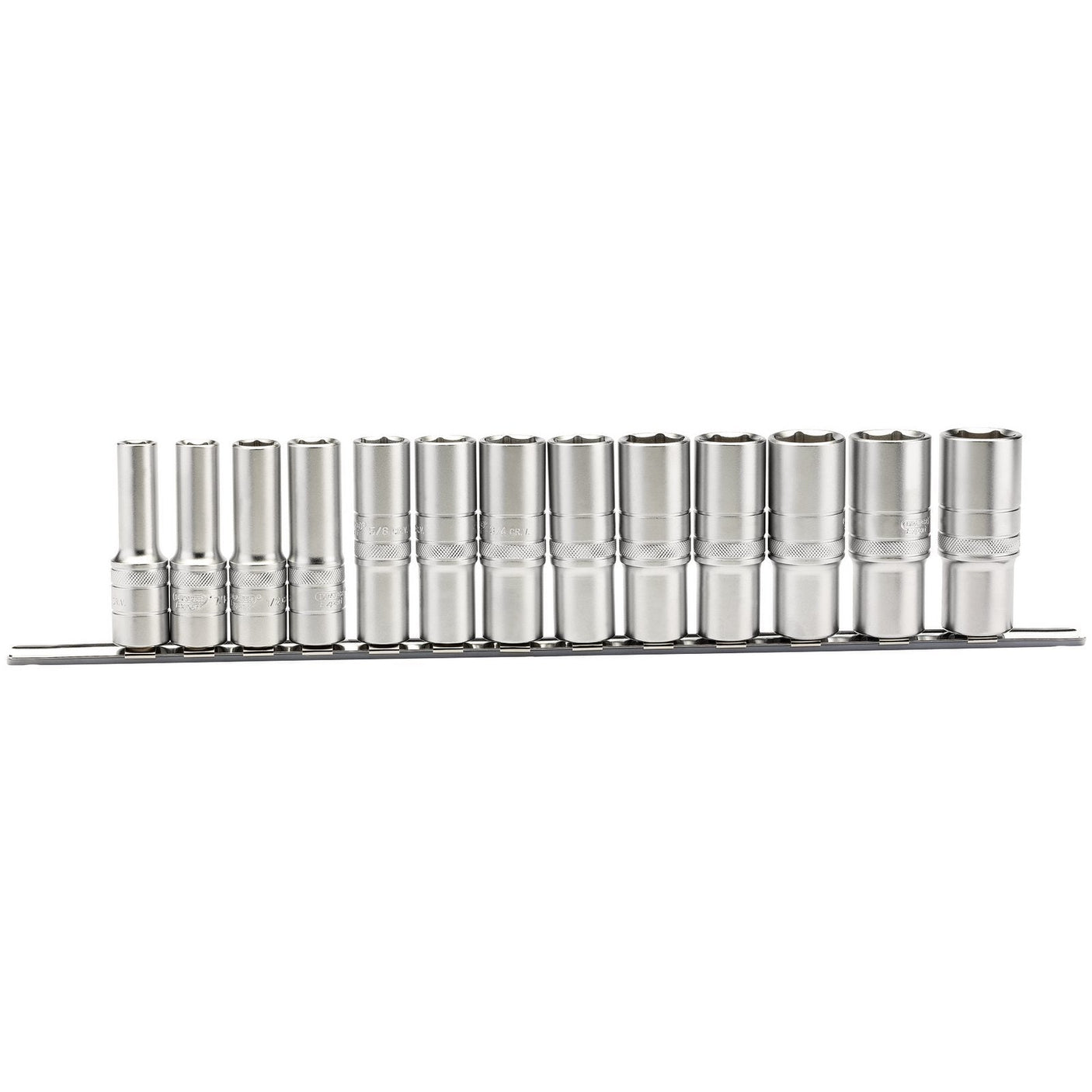 A set of Draper Imperial Deep Sockets on a metal rail, featuring 13 silver, cylindrical socket wrenches made from durable chrome vanadium steel.