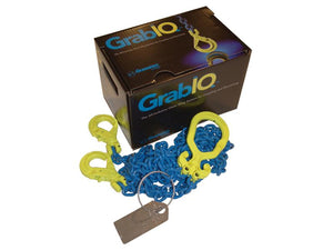 A Sparex GrabiQ chain sling hook with two legs, 3 meters in length, and a safe working load of 5.6 tons, featuring yellow hooks and accompanied by a coil of blue chain beside it.