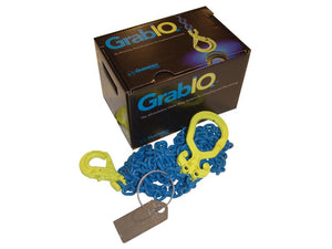 A box labeled "GrabiQ chain sling Safety Hook" with a blue 3-meter chain, yellow Safety Hook, and a metal tag indicating the safe working load of 4.0 tons depicted outside the box (Sparex Part Number: S.165020).