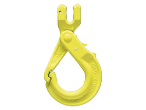 Close-up of a yellow Clevis Safety Hook - GBK-10-10 (Sparex Part Number: S.165037), designed for 10mm chain diameter, commonly used in industrial applications for securing and lifting heavy loads. This Sparex component ensures a safe working load, making it ideal for demanding tasks.