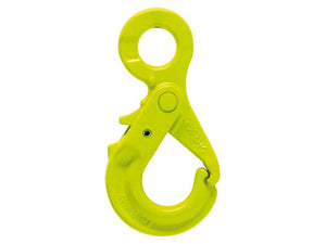 A vibrant yellow, heavy-duty Eye Safety Hook - OBK-13-10 from Sparex features a circular top and an integrated safety latch mechanism, engineered for rigorous tasks. This robust hook, compatible with a 13mm chain diameter, guarantees reliability and safe working load capacity.