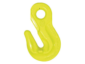 The bright yellow Sparex Eye Grab Hook - OG-7/8-10, equipped with a safety latch and an 8mm chain diameter, features a hole for secure attachment to machinery or equipment and is designed to handle a safe working load, making it ideal for chain applications. Their part number is S.165046.