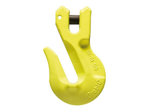 Yellow metal grab hook with a curved design and an opening, featuring the brand name Sparex and product number S.165049 engraved on the side. Suitable for various chain sizes up to 10mm in diameter, it ensures a safe working load for your lifting needs.