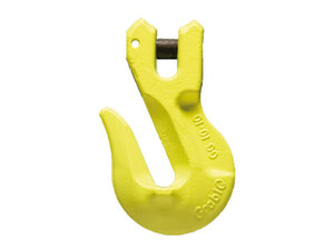 A clevis grab hook in yellow, featuring an open slot and a pin at the top, designed for compatibility with chains. The hook has "Grab G80 10" embossed on its side and adheres to Sparex's trusted safe working load standards. The product is known as Clevis Grab Hook - GG-8-10, Chain Ø: 8mm (Sparex Part Number: S.165050).