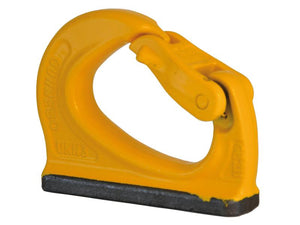 A yellow metal hook with a locking mechanism, designed for industrial use, boasting a Crosby certification and a safe working load, model S.165052 by Sparex.