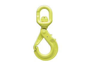 Introducing the Sparex Swivel Safety Hook with Griplatch - LKBK-13-10, a versatile yellow hook designed for lifting and rigging applications, compatible with Chain Ø 13 mm, part number S.165058.