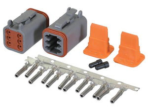 A set of Deutsch DT Connector 6 Pole x1 Male, x1 Female with gray and orange plastic casings, metal terminals, and black rubber seals arranged on a white background—perfect for Agripak equipment or as Sparex S.165061 components.