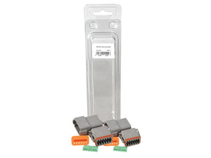 Three electrical connectors, including the Deutsch DT Connector 12 Pole x1 Male, x1 Female (Agripak) with Sparex Part Number S.165062, are displayed in front of clear plastic packaging labeled Sparex.