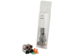 Sparex offers the Agripak-packaged Deutsch DT Connector set, featuring gray and orange components. The set includes two double-pin connectors, a single-pin connector, small green and orange parts displayed outside the package, and boasts a versatile 4 Pole DT04-4P connector.