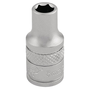 The Draper Socket, 1/4" Sq. Dr., 5mm - B-MM/MS is a silver socket wrench attachment crafted from chrome vanadium steel. It features a knurled grip and a hexagonal, 6-point socket with a micro satin finish.