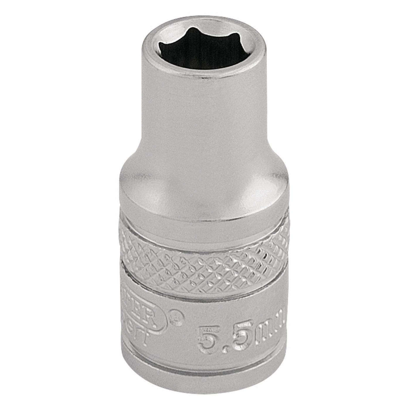 The Draper Socket, 1/4" Sq. Dr., 5.5mm - B-MM/MS is a metallic socket wrench with a textured grip, engraved markings, and a 6 point socket crafted from durable chrome vanadium steel.