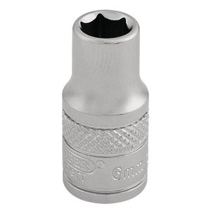 The Draper Socket, 1/4" Sq. Dr., 6mm - B-MM/MS is a steel socket with a knurled grip, a micro satin finish, and a hexagonal opening at one end for tightening or loosening bolts or nuts.