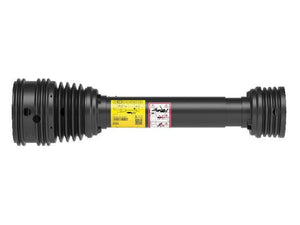 A black telescopic driveshaft with a yellow warning label and gear-like structures at both ends, part of the Sparex PTO Guard SFT S4-80° (Lz) series, measuring 1210mm in length and supplied with one 70mm ring, one 73mm ring, and one 101mm ring (Sparex Part Number: S.165116).