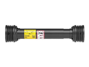 An image of a black mechanical shaft with protective covers and warning labels, showcasing the robust design of the Sparex PTO Guard SFT S6, measuring 1210mm in length and accompanied by one 86mm ring and one 89mm ring.