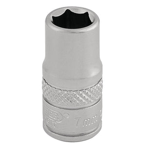 The Draper Socket, 1/4" Sq. Dr., 7mm - B-MM/MS, featuring a textured grip and constructed from durable chrome vanadium steel, is shown against a white background.