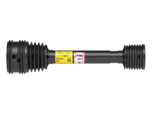 The PTO Guard Global G8-80° (Lz) from Sparex, measuring 1210mm in length and supplied with 60mm, 68mm, and 146mm rings, features a black cylindrical design with grooved ends. It also has a yellow label at its center that contains safety instructions and symbols. This component is an essential part of the Bondioli & Pavesi PTO Series.