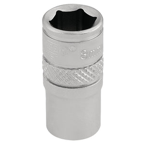 Close-up of a Draper Socket, 1/4" Sq. Dr., 8mm - B-MM/MS featuring a shiny, metallic finish with a knurled ring grip and hexagonal opening, expertly crafted from chrome vanadium steel for tightening or loosening nuts and bolts.