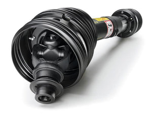 Close-up view of a Sparex Bondioli & Pavesi PTO Shaft - Wide Angle - One End, used in the transmission of mechanical power in vehicles and machinery. Featuring a 70 HP rating, this component measures 1210mm in length and has a 1 3/8'' x 6 spline connection with an 80° wide angle to a quick-release fitting. Sparex Part Number: S.165145.