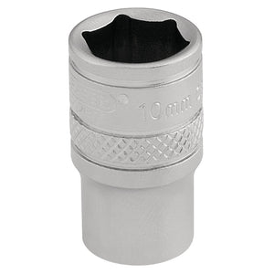 Photograph of the Draper Socket, 1/4" Sq. Dr., 10mm - B-MM/MS. The chrome vanadium steel tool by Draper features a cylindrical body with a knurled middle section for grip and the size marking "10mm" etched on its upper part.