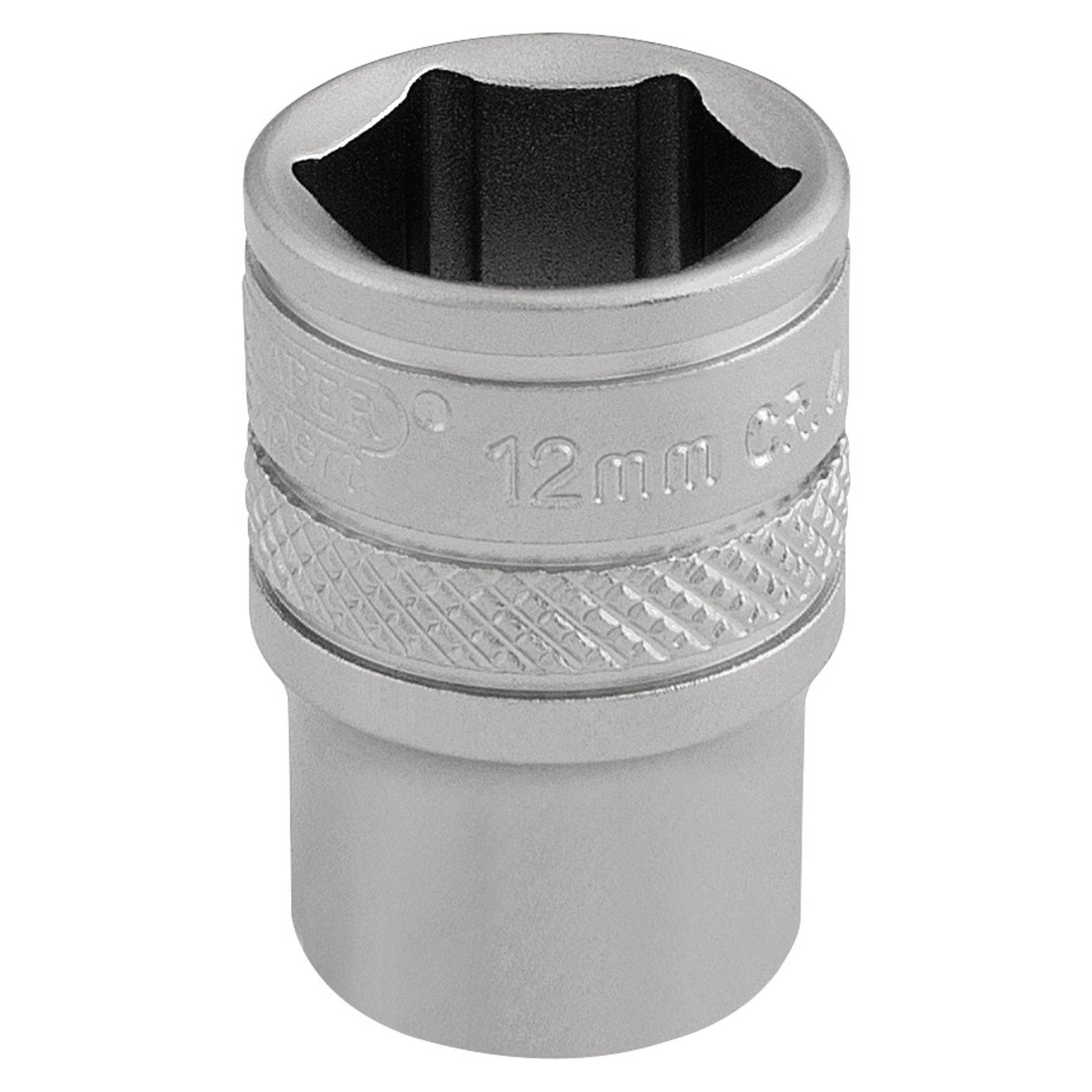 The Draper Socket, 1/4" Sq. Dr., 12mm - B-MM/MS features a knurled grip and a polished finish, and is crafted from durable chrome vanadium steel to meet ISO3315 specifications.