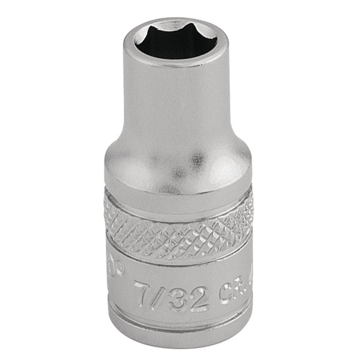 The Draper Imperial Socket, 1/4" Sq. Dr., 7/32" - B-AF/MS is a high-quality tool designed with a 6-point socket made from durable chrome vanadium steel, featuring a sleek chrome finish and a knurled ring near the base for improved grip.