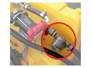 Close-up of mechanical equipment featuring a highlighted transparent filter with a 1 Micron Rating, circled in red. The machinery appears to be an Emiliana Serbatoi model and is equipped with various hoses and metal components, all mounted on a bright yellow surface. The filter in question is the Fuel Filter - In Line - Emiliana Serbatoi, branded by Sparex under Part Number: S.165194.