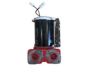 The Sparex Fuel Pump - Electric (Part No. S.165195) features a metallic industrial design with a black cylindrical body and a red dual-outlet base, connected by wires at the top; this 12V electric fuel pump is built for efficiency and reliability.