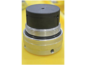 A Fuel Cap (Sparex Part Number: S.165196) with a threaded base and a black cylindrical top, set against a yellow background, designed by EMILIANA SERBATOI.