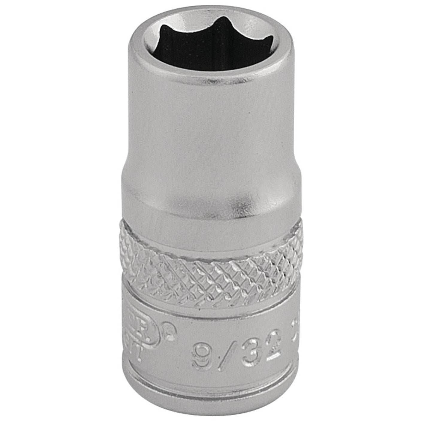 The Draper Imperial Socket, 1/4" Sq. Dr., 9/32" - B-AF/MS by Draper is crafted from durable chrome vanadium steel and features a textured grip along with a reflective metallic finish for enhanced grip and ease of use.