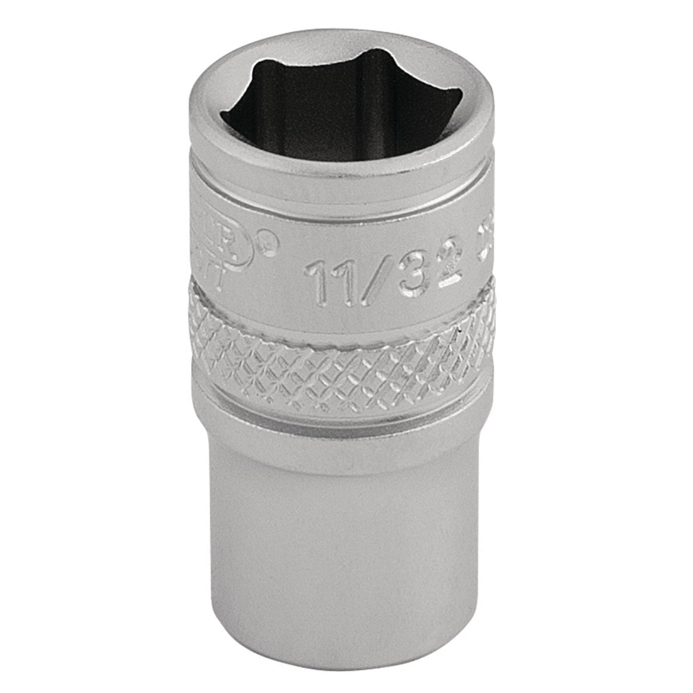 A Draper Imperial Socket, 1/4" Sq. Dr., crafted from chrome vanadium steel with "11/32" and other markings engraved, features a knurled ring for enhanced grip.