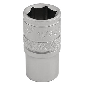 A Draper Imperial Socket, 1/4" Sq. Dr., crafted from chrome vanadium steel with "11/32" and other markings engraved, features a knurled ring for enhanced grip.