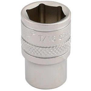 A Draper Imperial Socket, 1/4" square drive, 7/16", B-AF/MS, featuring a 6-point chrome socket with a knurled grip and crafted from durable chrome vanadium steel.